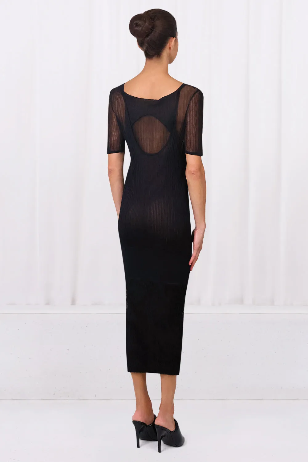 SHEER RIB KNIT DRESS | BLACK