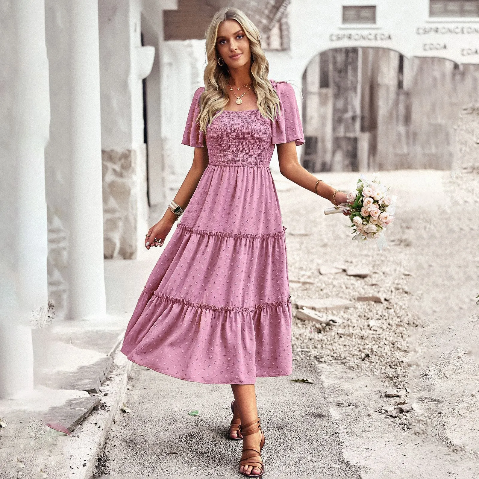 Square Neck Short Sleeve Comfy Casual Midi Dress