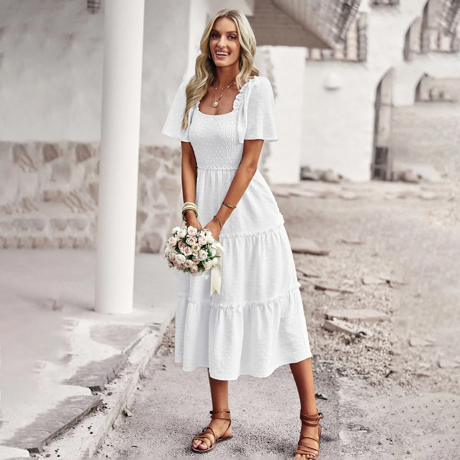 Square Neck Short Sleeve Comfy Casual Midi Dress