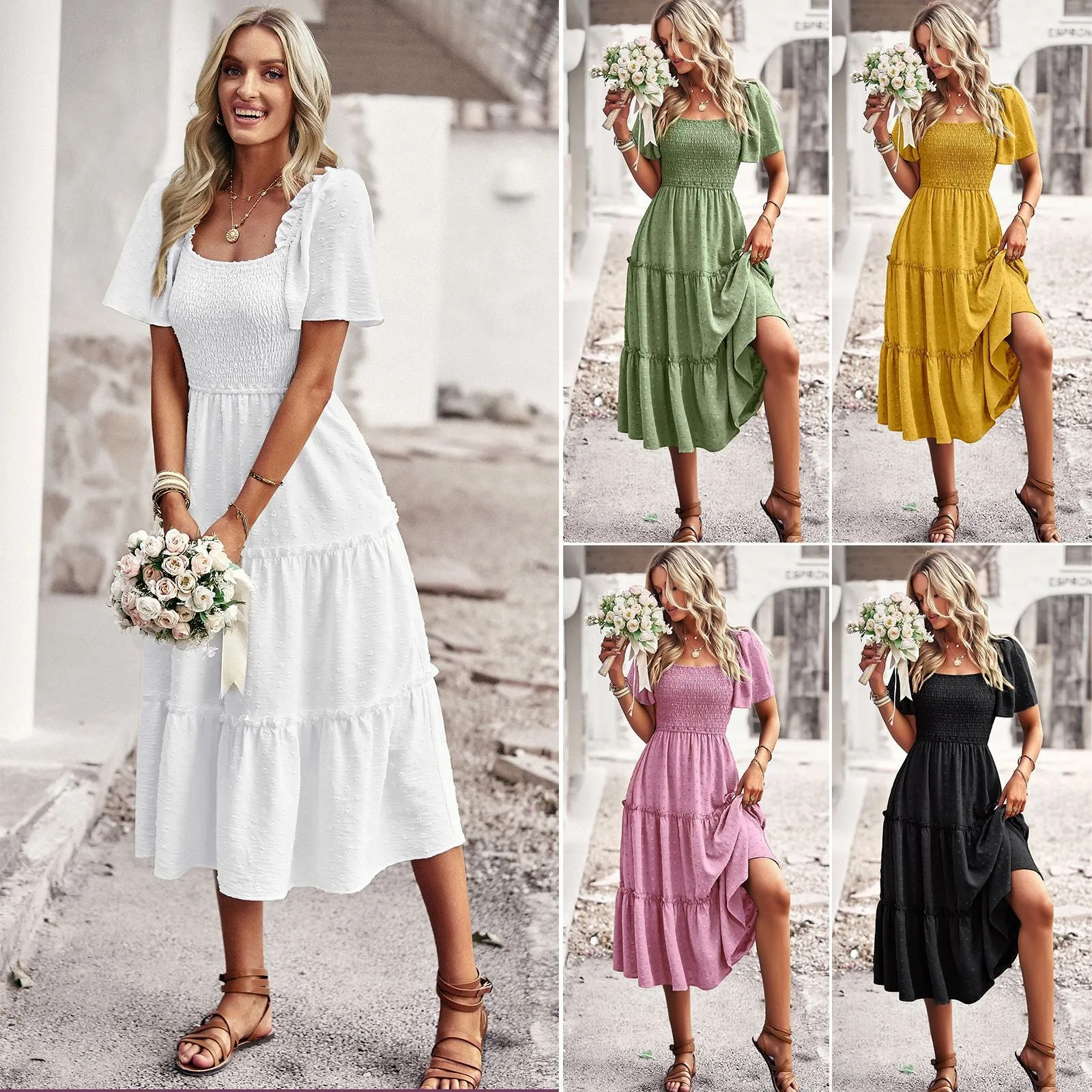 Square Neck Short Sleeve Comfy Casual Midi Dress