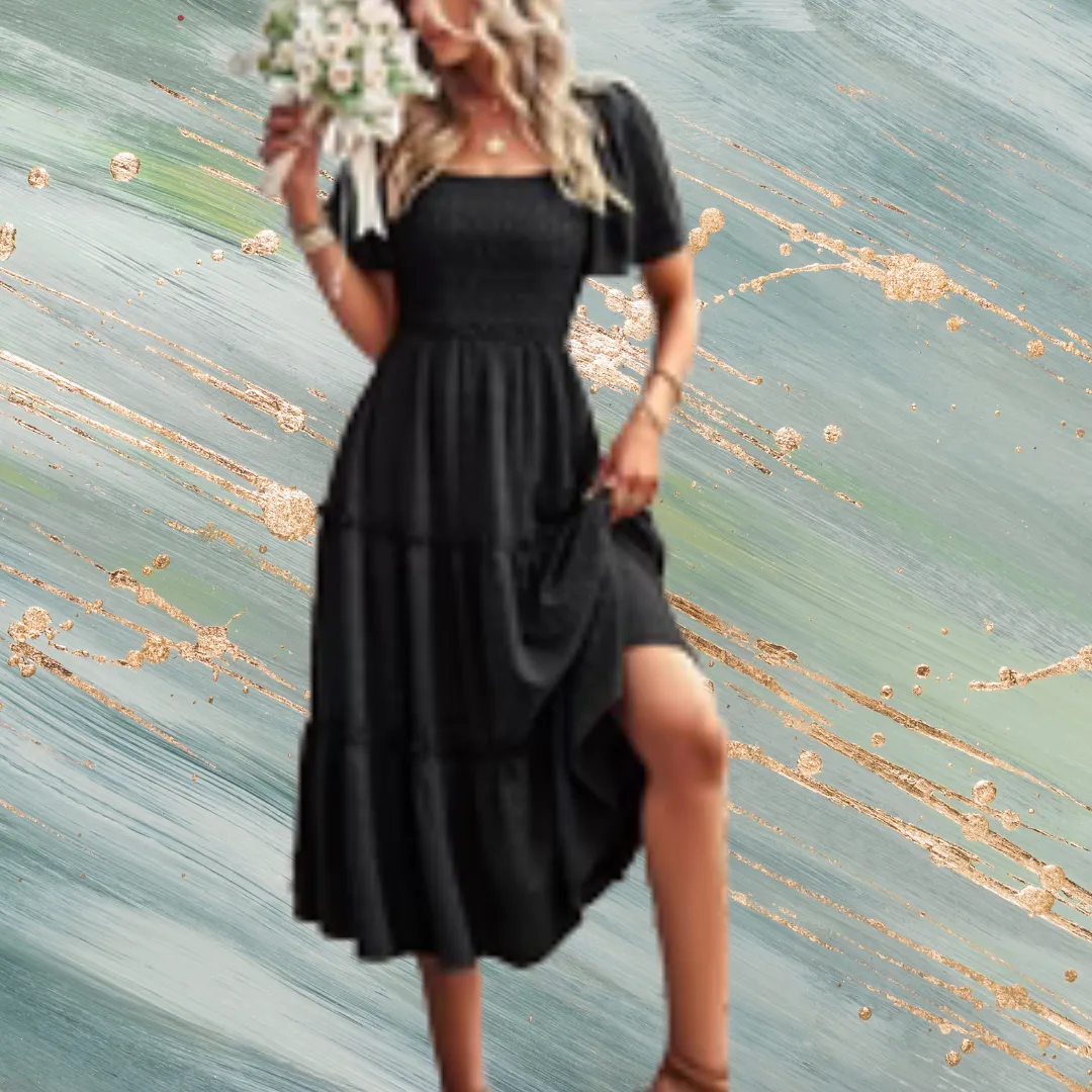 Square Neck Short Sleeve Comfy Casual Midi Dress