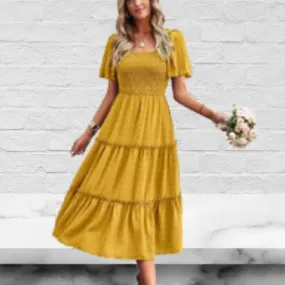 Square Neck Short Sleeve Comfy Casual Midi Dress