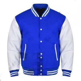 Varsity Letterman Bomber Royal Wool & White  Leather Sleeves Jackets