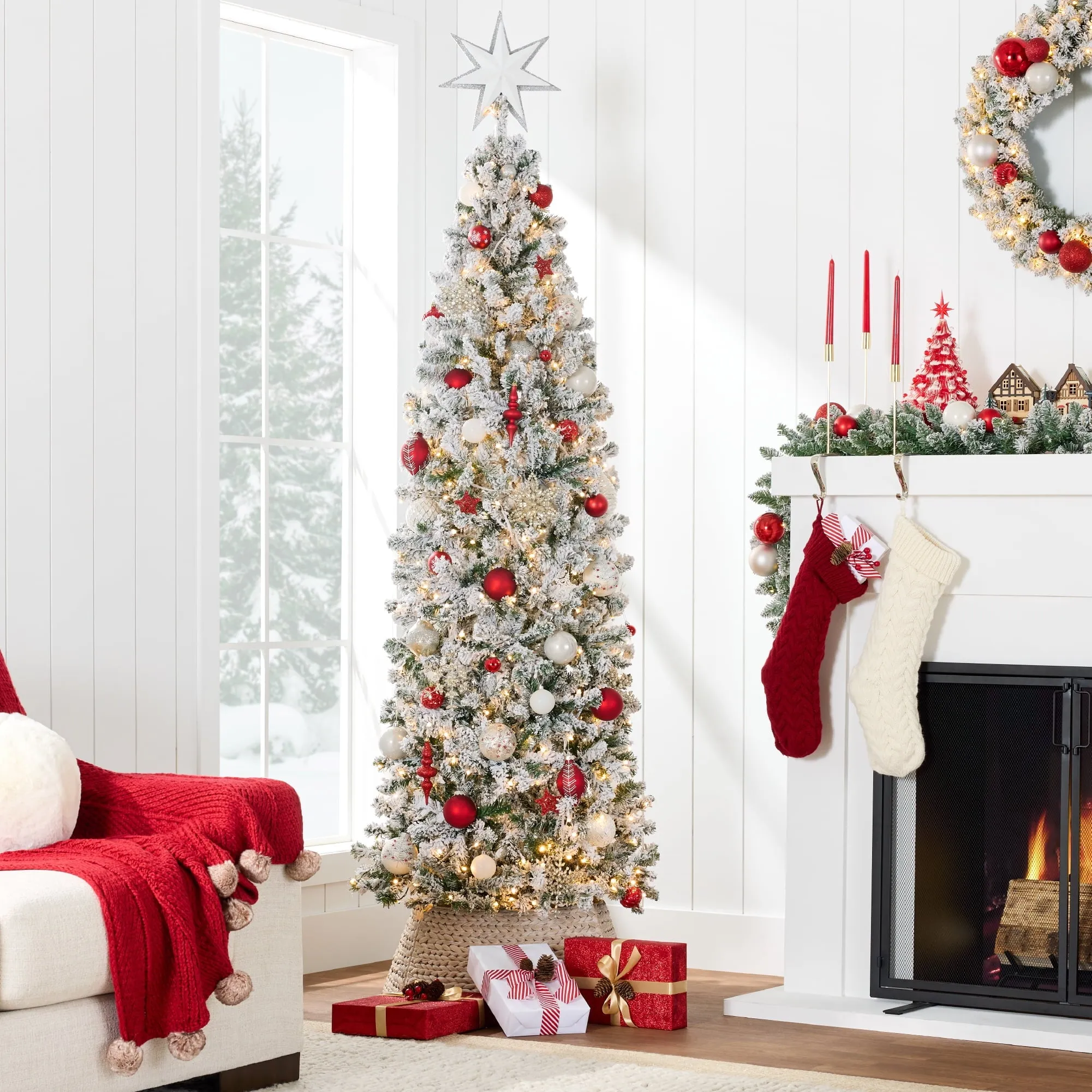 versatile 6ft Pre-Lit Artificial Snow Flocked Pencil Christmas Tree Holiday Decoration w/ 250 Lights 6' 6'