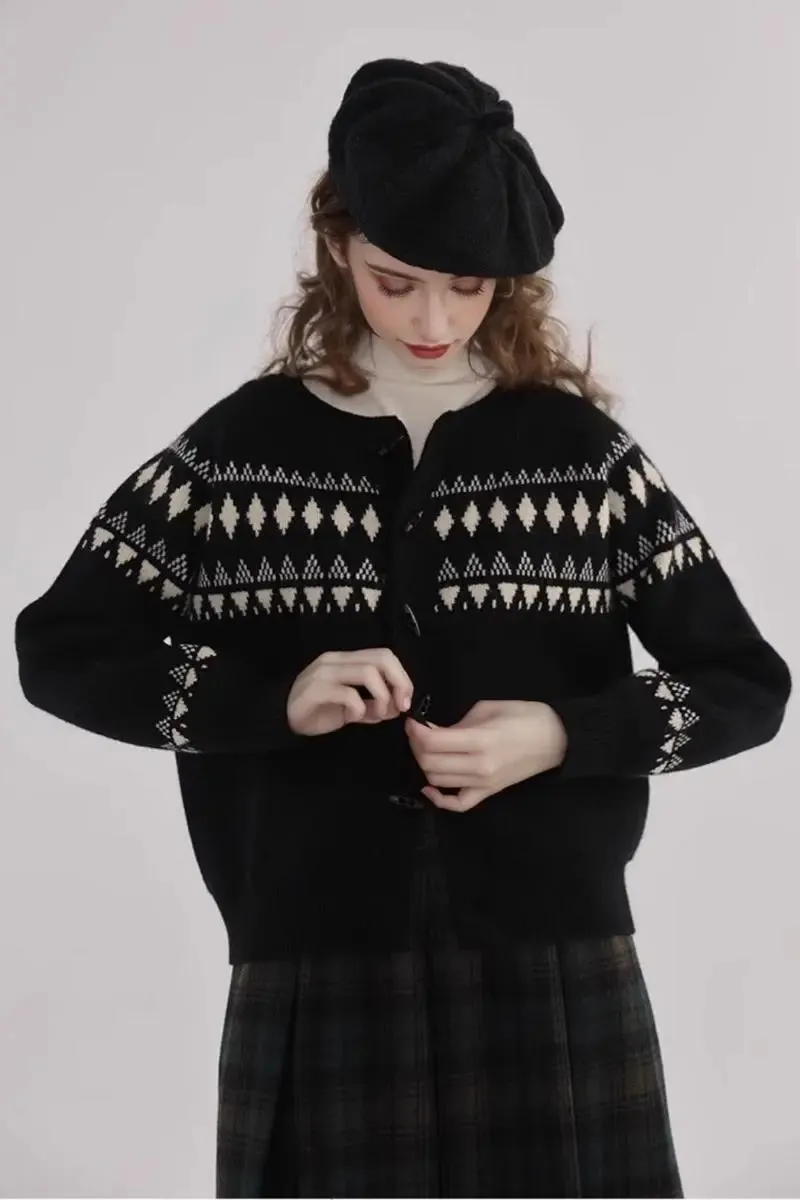Vintage Cotton Blend Fair Isle Toggle Cardigan Sweater