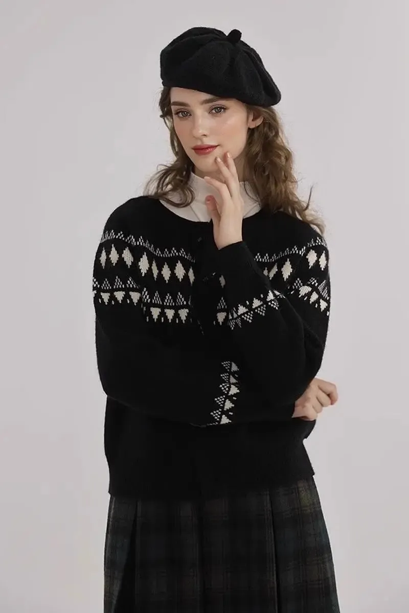Vintage Cotton Blend Fair Isle Toggle Cardigan Sweater