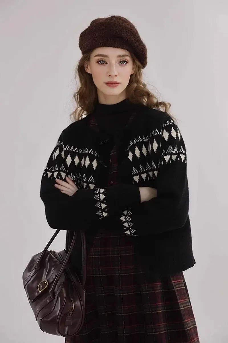 Vintage Cotton Blend Fair Isle Toggle Cardigan Sweater