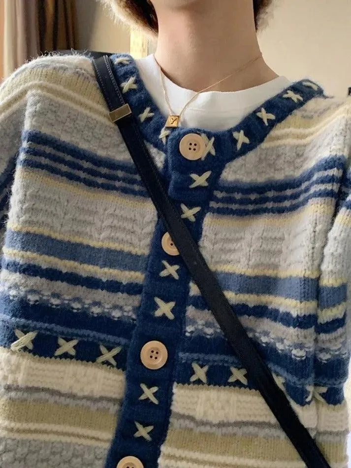 Wenkouban-Spring Casual Outfits Y2K Outfits Stripe Splice Crochet Detail Knit Cardigan