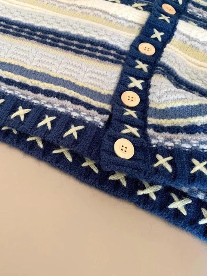 Wenkouban-Spring Casual Outfits Y2K Outfits Stripe Splice Crochet Detail Knit Cardigan