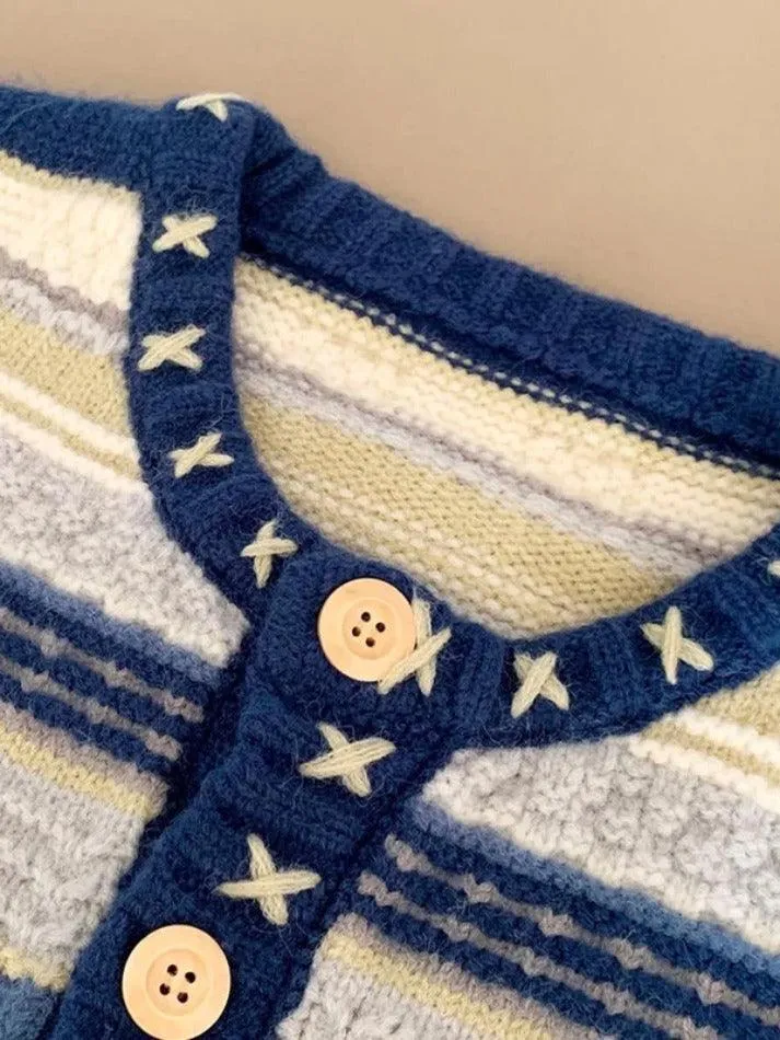 Wenkouban-Spring Casual Outfits Y2K Outfits Stripe Splice Crochet Detail Knit Cardigan