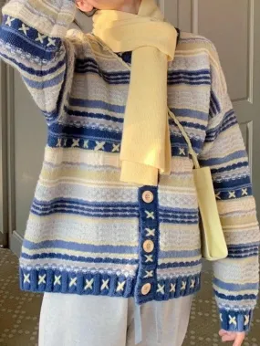 Wenkouban-Spring Casual Outfits Y2K Outfits Stripe Splice Crochet Detail Knit Cardigan