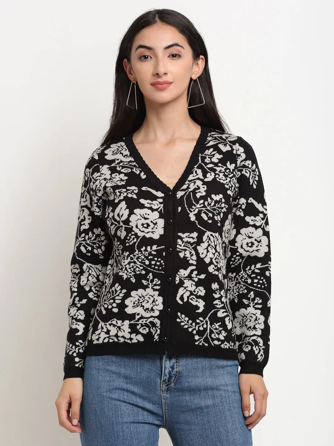 Women Black V-Neck Regular Fit Floral Printed Cardigan