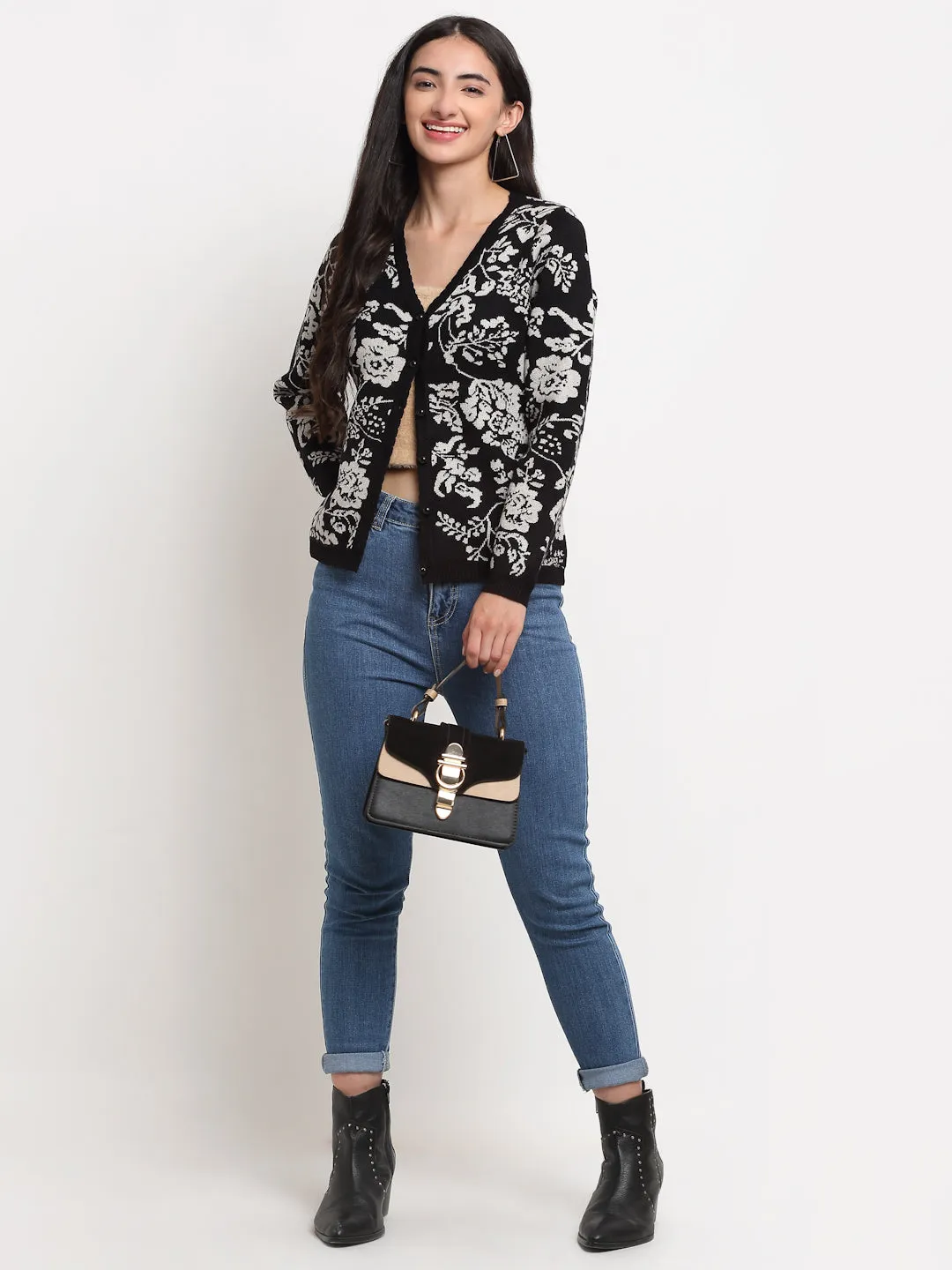 Women Black V-Neck Regular Fit Floral Printed Cardigan