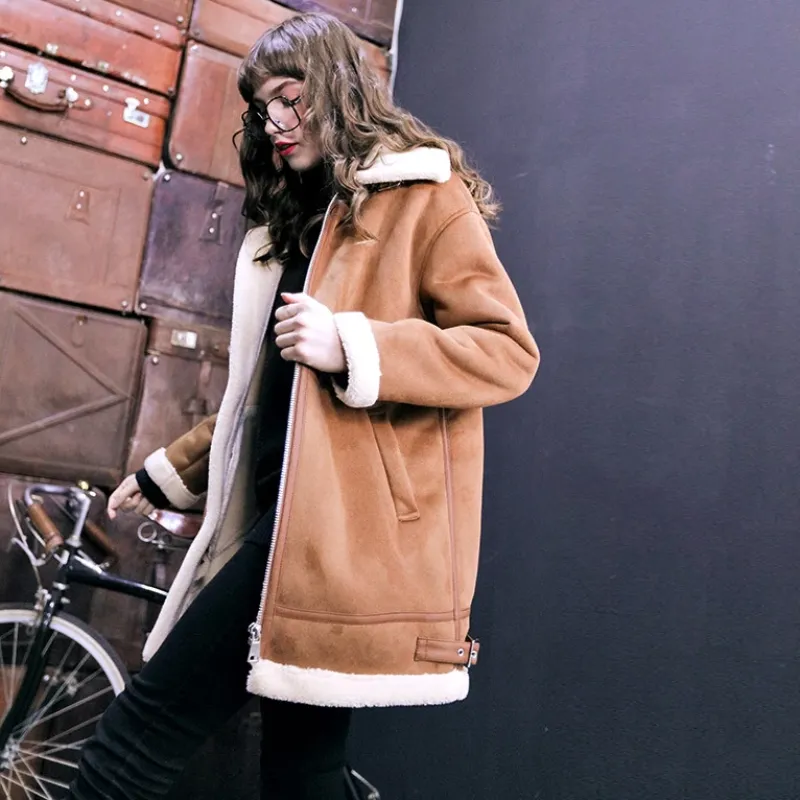 Women's Winter Casual Faux Sheepskin Coat With Zippers