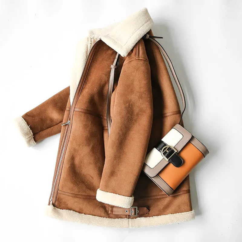 Women's Winter Casual Faux Sheepskin Coat With Zippers