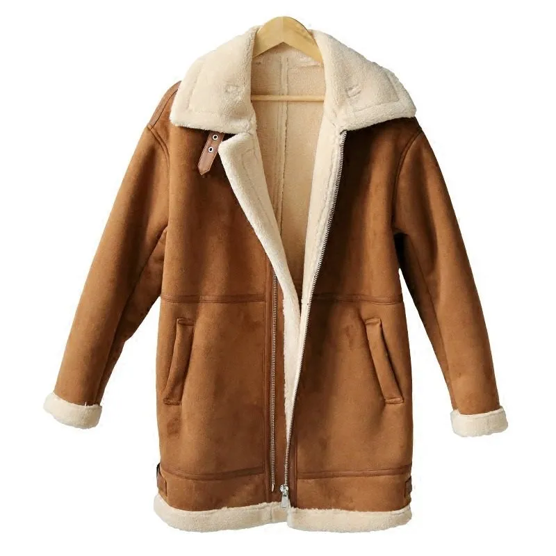 Women's Winter Casual Faux Sheepskin Coat With Zippers